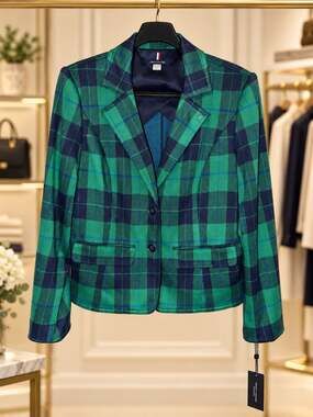 NWT Tommy Hilfiger Women’s Green Blue Plaid Blazer Jacket Button Front Size 12